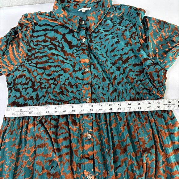 Jodifl Crushed Velvet Animal Print Shirt Dress Womens L Teal Bronze Long Sleeve - Picture 9 of 13
